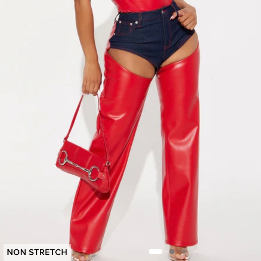 Leather denim cut out pants